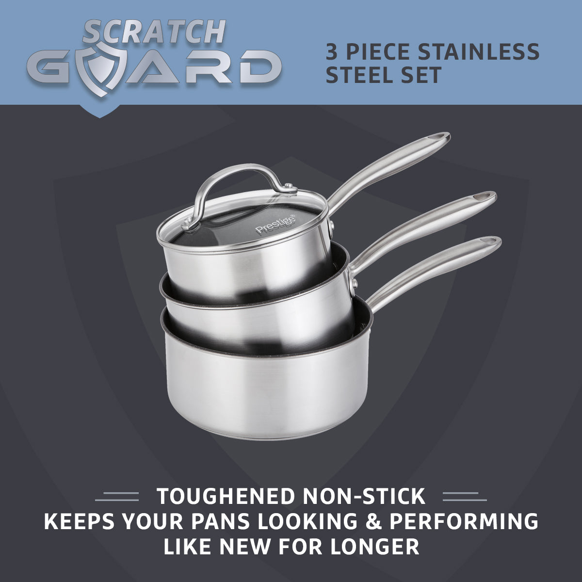 Prestige Scratch Guard: Non-Stick Stainless Steel Saucepan & Lid Set - 3 Piece