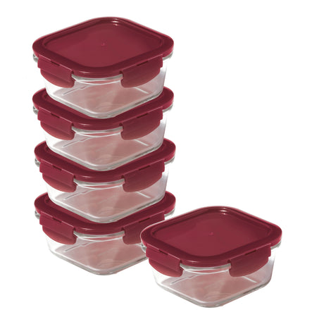 Oven safe glass food storage with red lids