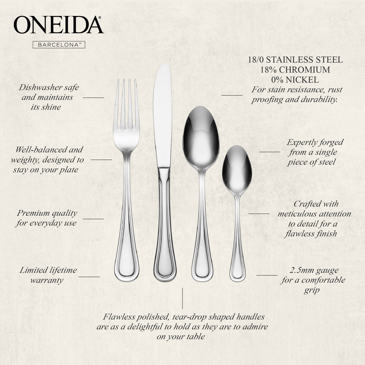ONEIDA Barcelona 24 Pieces Cutlery Set - Stainless Steel - 6 Person Place Setting