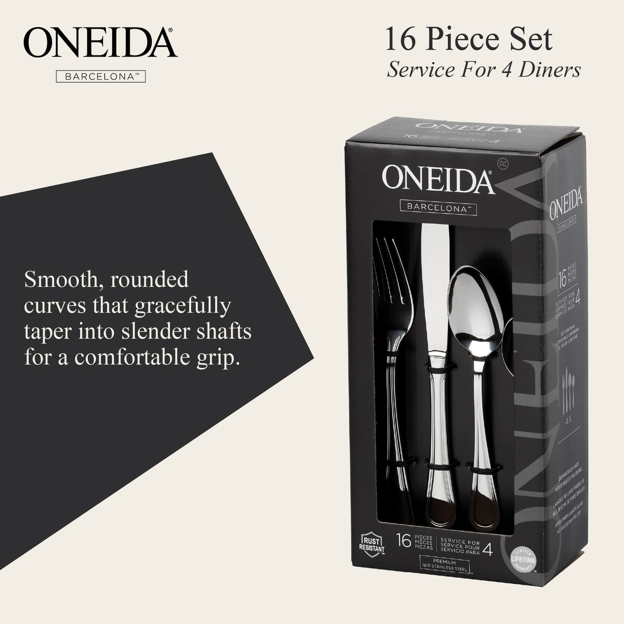 ONEIDA Barcelona 16 Pieces Cutlery Set- Stainless Steel - 4 Person Place Setting