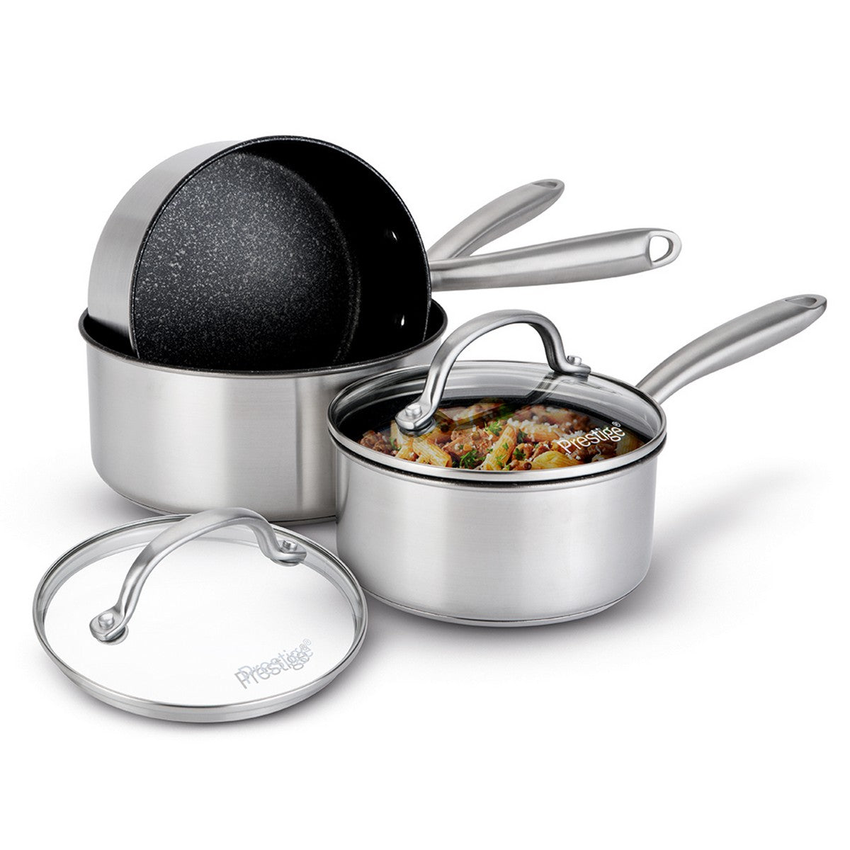 Prestige Scratch Guard: Non-Stick Stainless Steel Saucepan & Lid Set - 3 Piece
