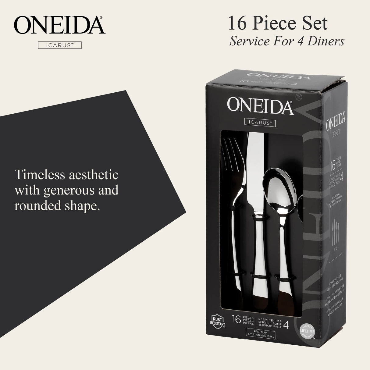 ONEIDA Icarus 16 Pieces Cutlery Set - Stainless Steel - 4 Person Place Setting