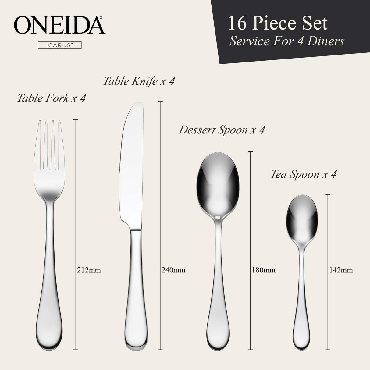 ONEIDA Icarus 16 Pieces Cutlery Set - Stainless Steel - 4 Person Place Setting