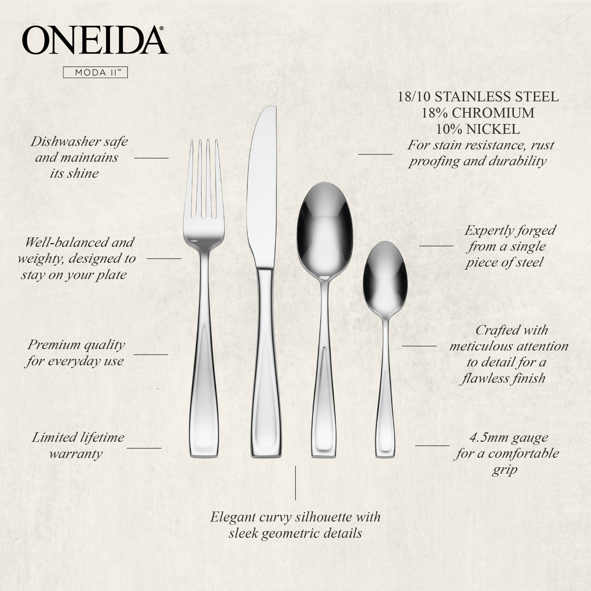 ONEIDA Moda II 24 Pieces Cutlery Set - Stainless Steel - 6 Person Place Setting