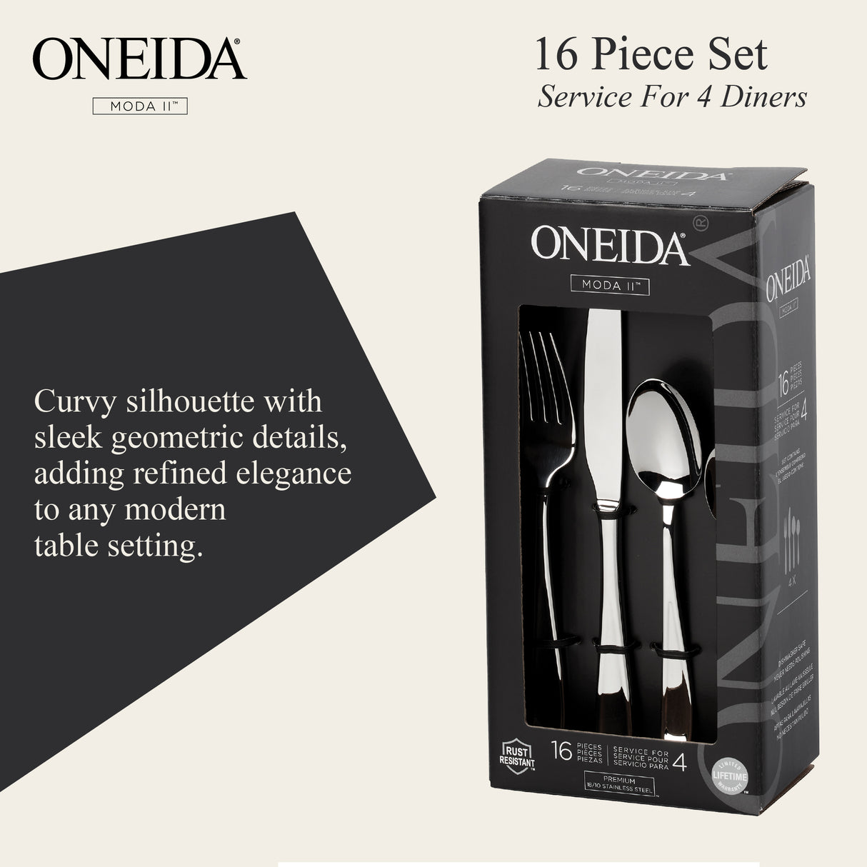 ONEIDA Moda II 16 Pieces Cutlery Set - Stainless Steel - 4 Person Place Setting