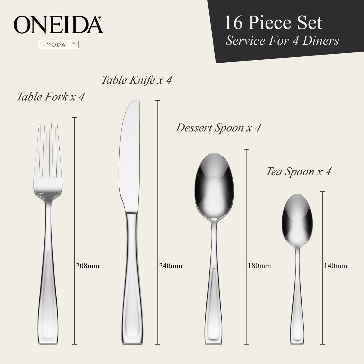 ONEIDA Moda II 16 Pieces Cutlery Set - Stainless Steel - 4 Person Place Setting