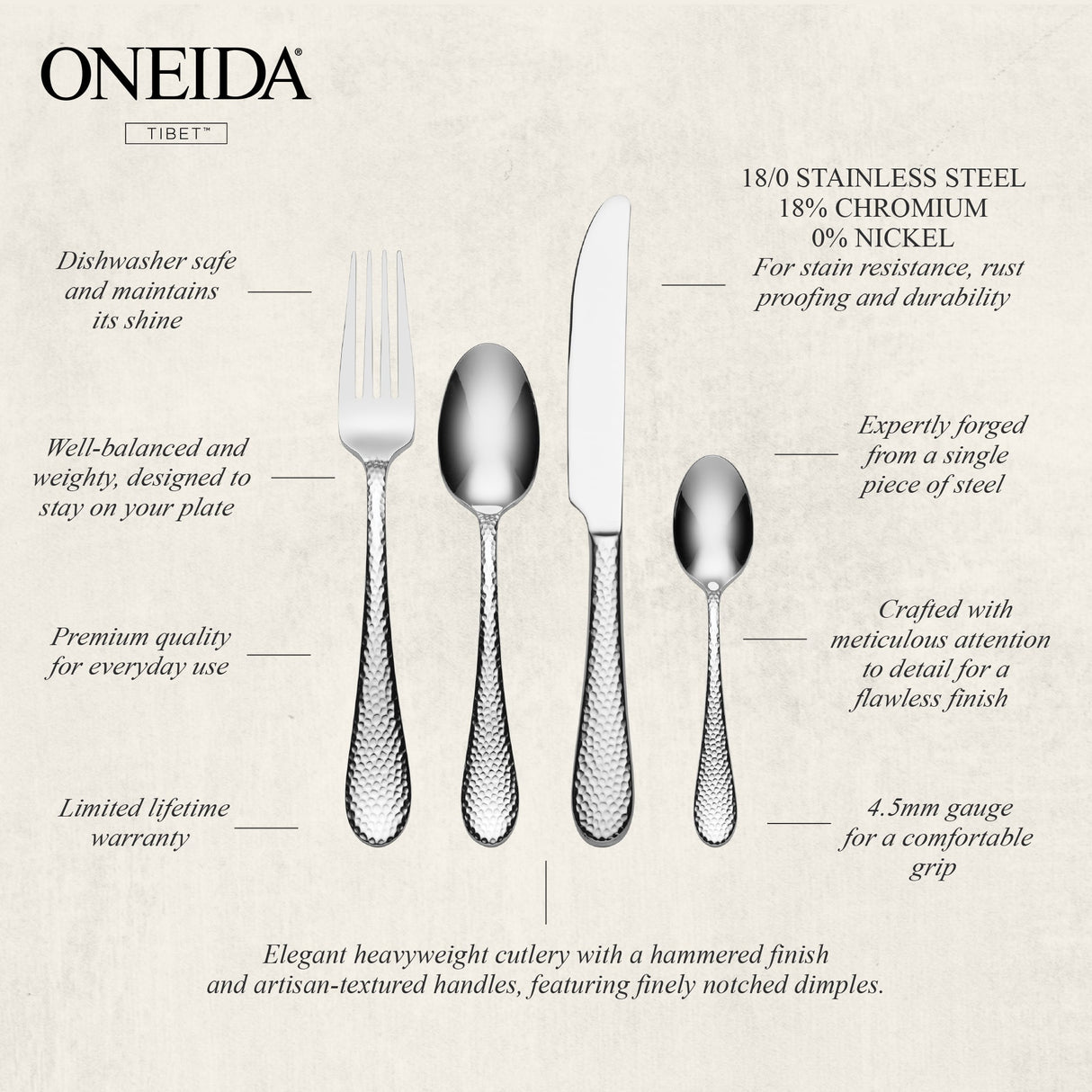 ONEIDA Tibet 16 Pieces Cutlery Set - Stainless Steel - 4 Person Place Setting