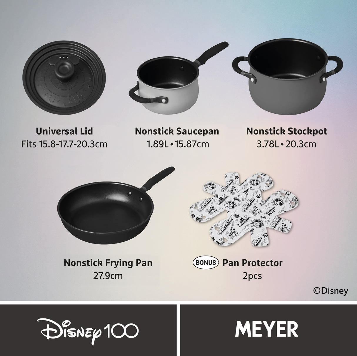 Meyer Disney Stackable 4 Piece Non Stick Pan Set - Disney 100 Steamboat Willie Limited Edition