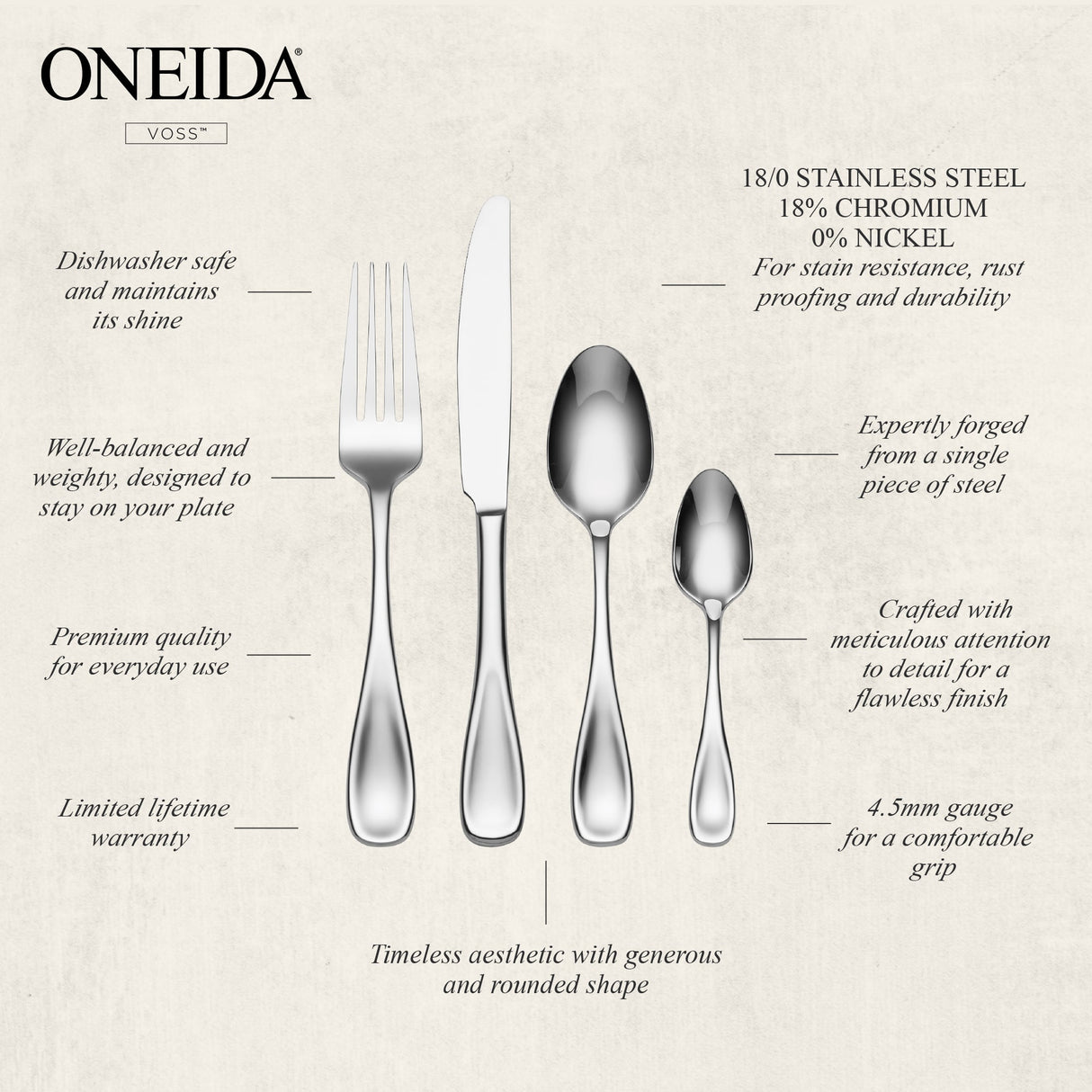 ONEIDA Voss 24 Pieces Cutlery Set - Stainless Steel - 6 Person Place Setting