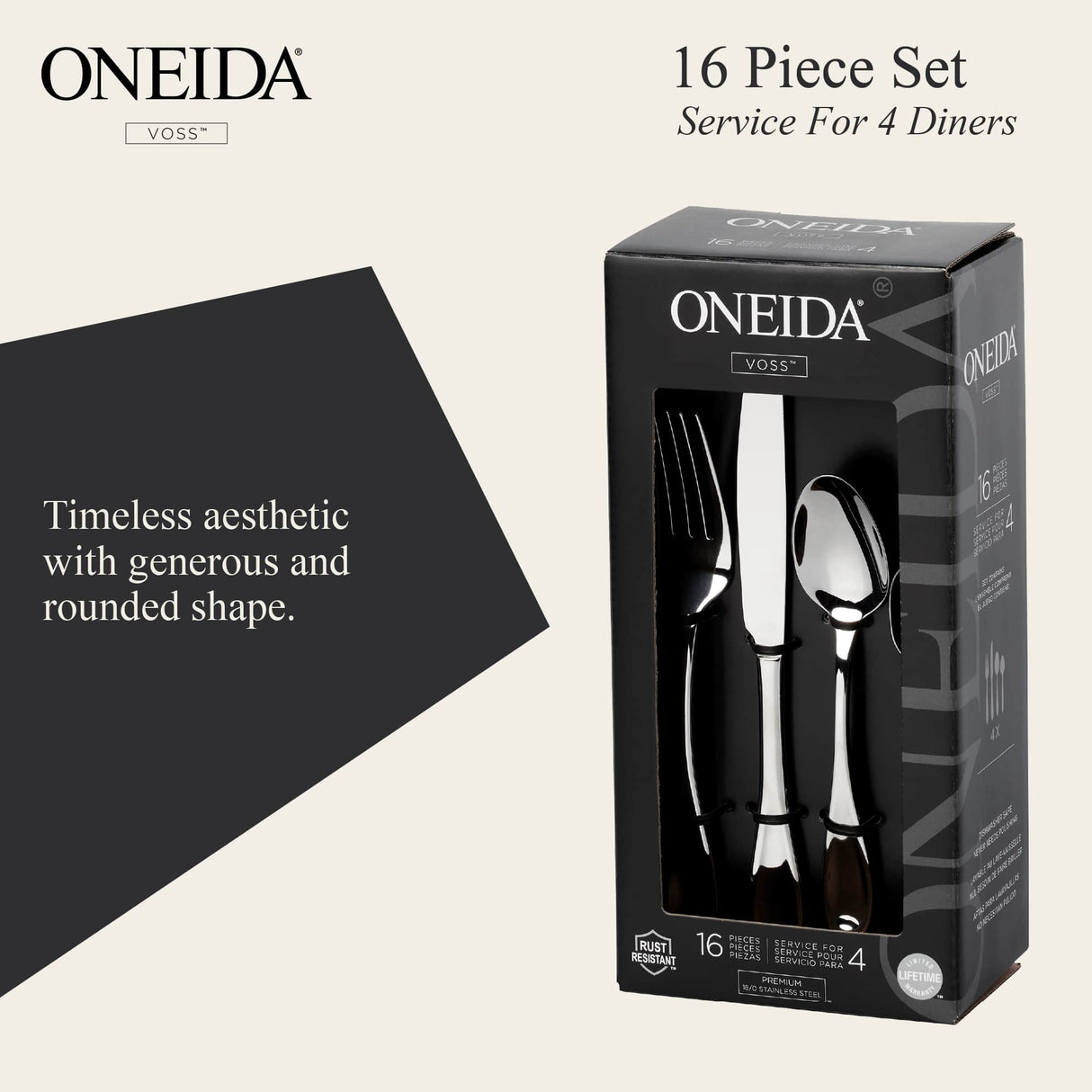 ONEIDA Voss 16 Pieces Cutlery Set- Stainless Steel - 4 Person Place Setting