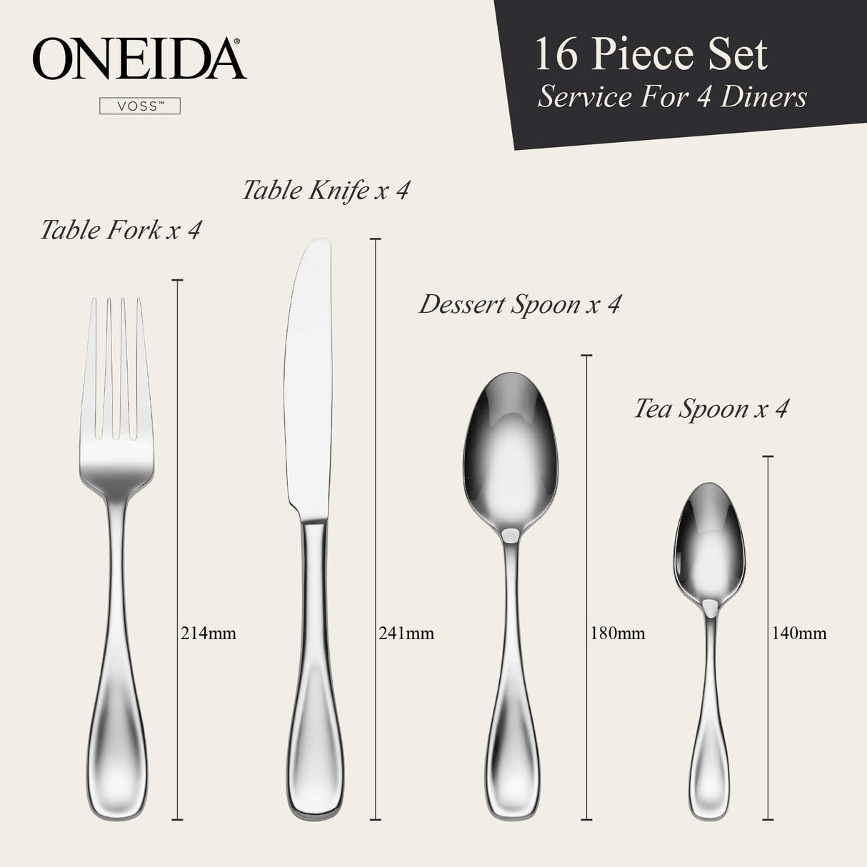 ONEIDA Voss 16 Pieces Cutlery Set- Stainless Steel - 4 Person Place Setting