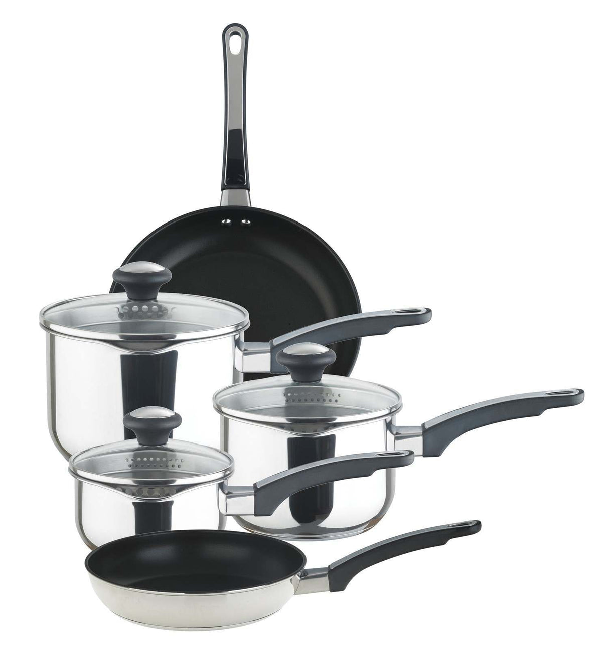 Prestige: Stainless Steel Saucepans, Straining Lids & Non-Stick Frying Pans - 5 Pieces