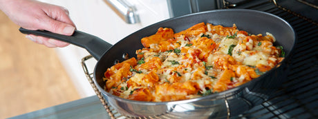 Oven safe frying pan with pasta 