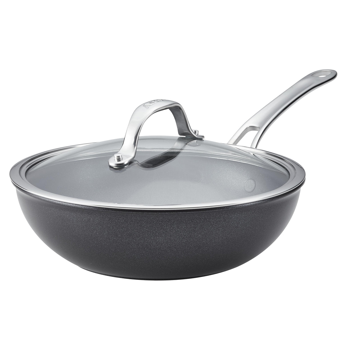 Anolon X flat-bottomed stir-fry wok with lid on a white background