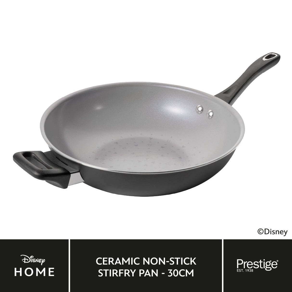 Disney Monochrome Mickey Mouse: Ceramic Non-Stick Wok & Helper Handle - 30cm