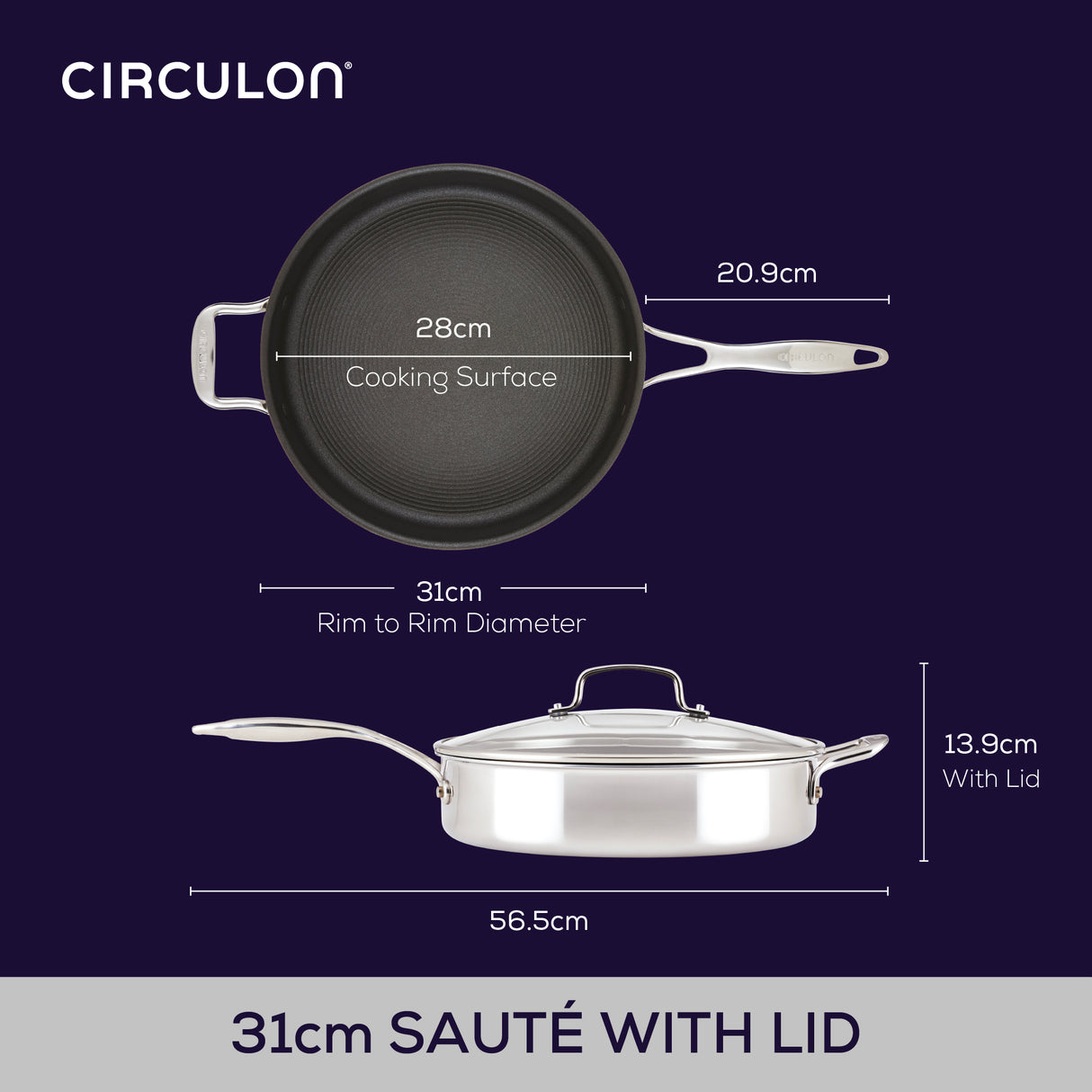 Circulon Stainless Steel Extreme Non-Stick Covered Saute with Helper Handle, 30cm/4.7L