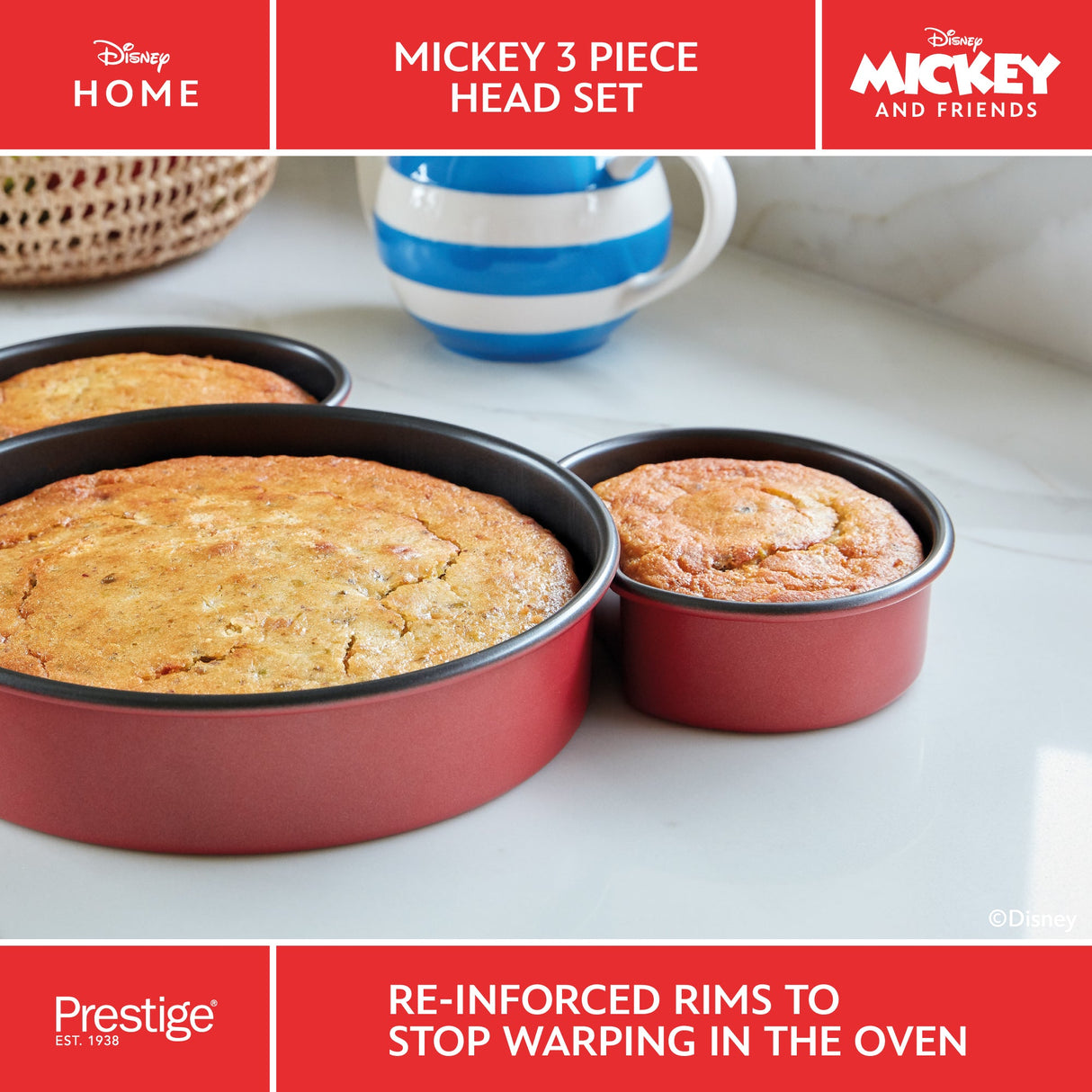 Prestige Disney Head Cake Tins Red Steel Non Stick Bakeware Set - Pack of 3