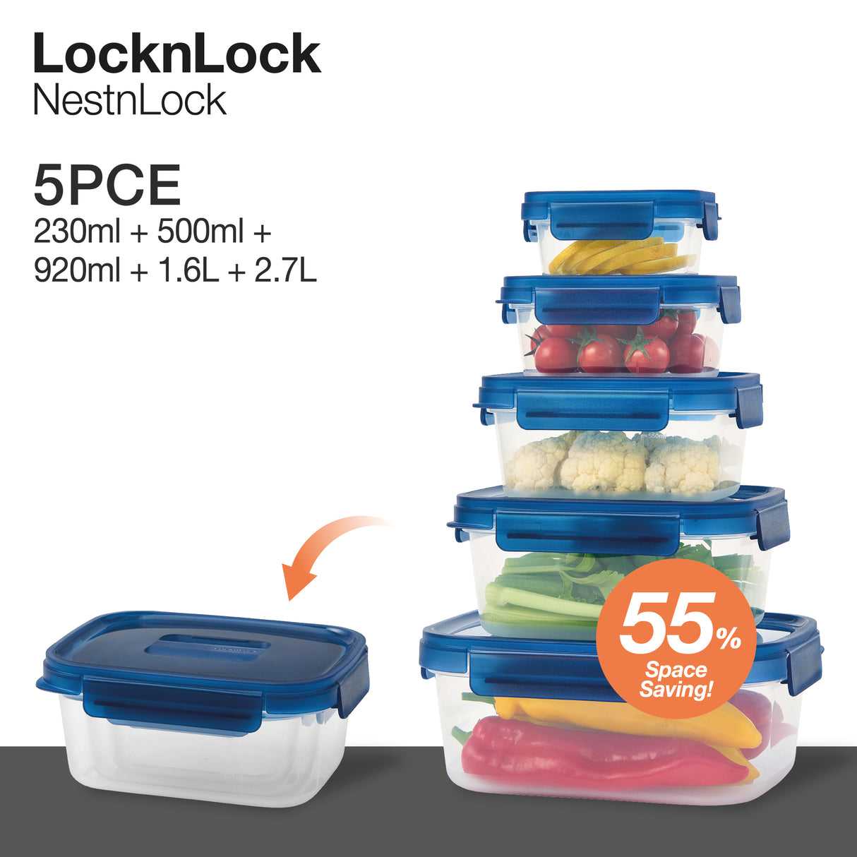LocknLock NestnLock Container Set, 5pce - Blue