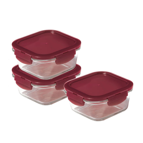 3 oven-safe glass containers with red lids.