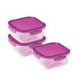 Oven safe glass food storage with pink lids