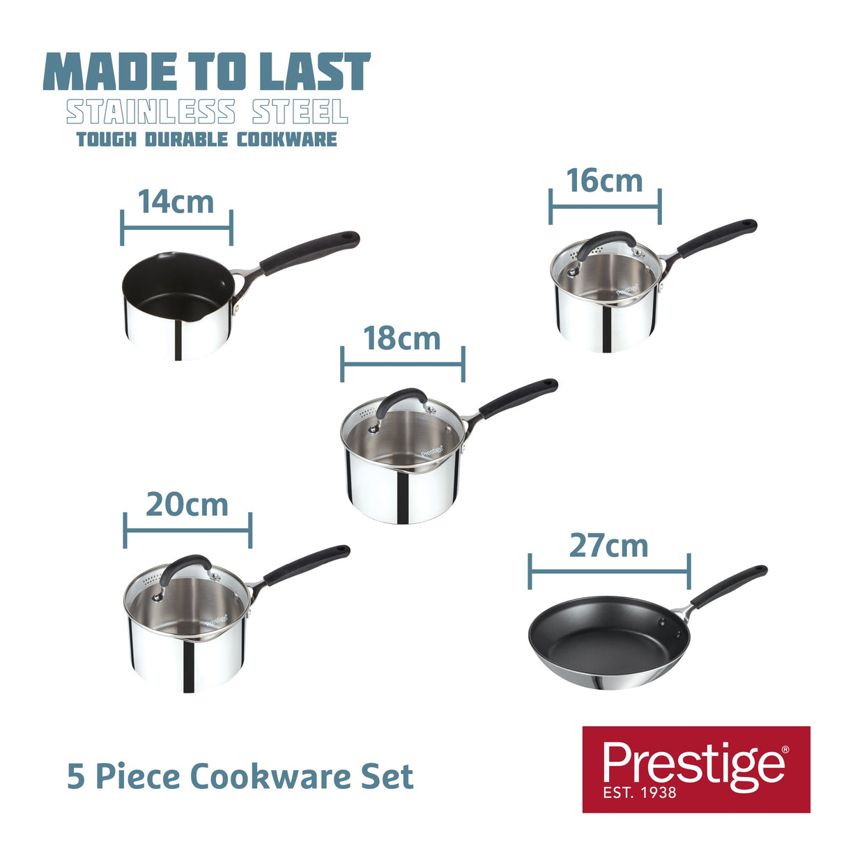 Prestige Made to Last Cookware Set with Soft Grip Silicone Handles - Pack of 5