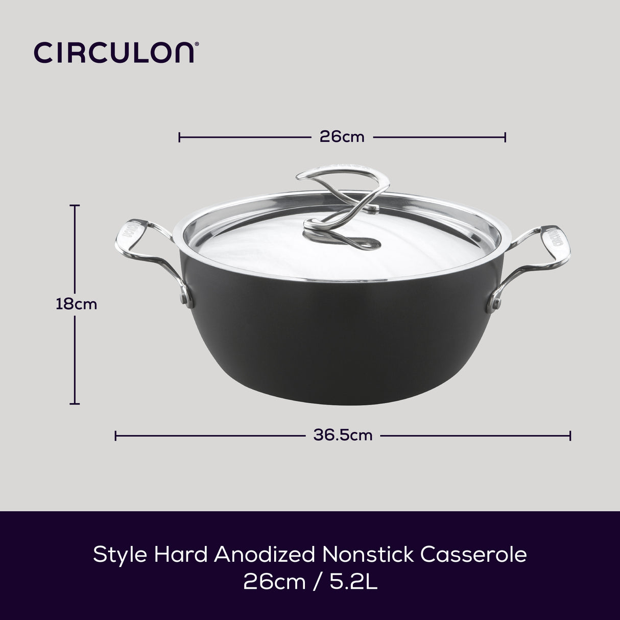 Circulon Style Hard Anodised Deep Chefs Casserole, 26cm/5.2L