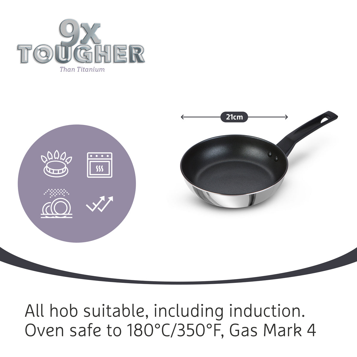 9 X Tougher Stainless Steel Frying Pan - 21cm