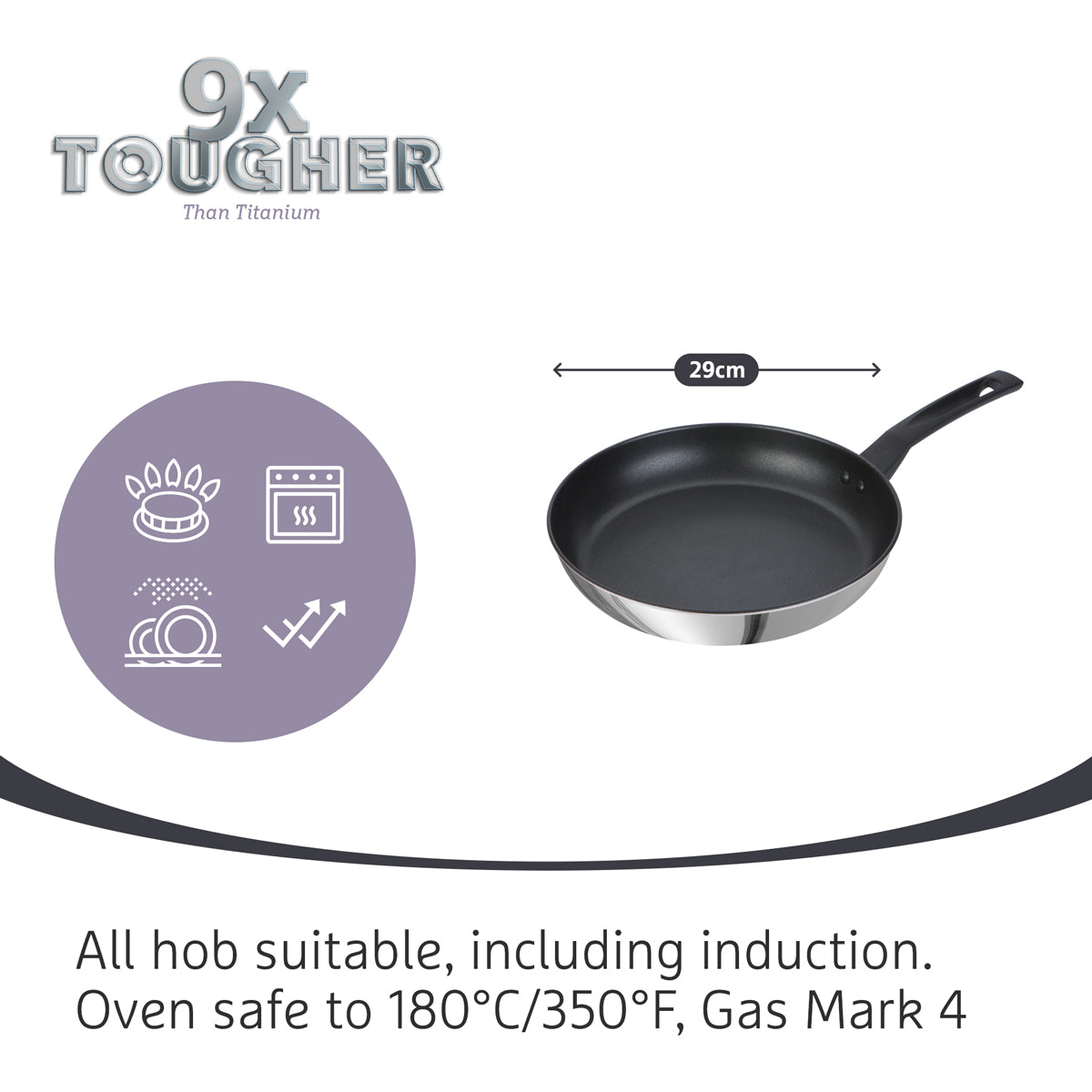 9 X Tougher Stainless Steel Frying Pan - 29cm