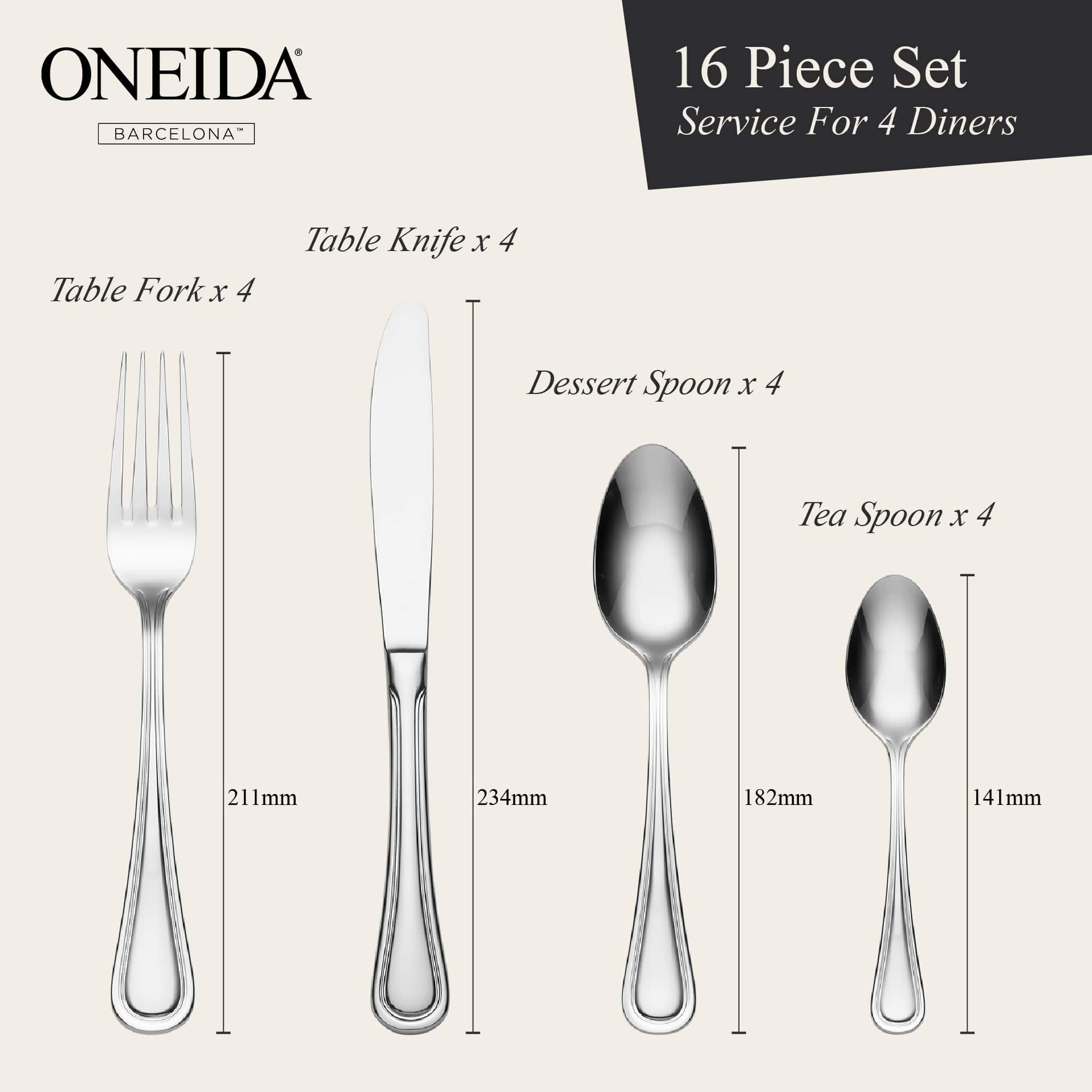 【Oneida】 メロンフォルムのティーサービス 4点 ONEIDA Barcelona Cutlery Set 16 Piece | Dishwasher Safe