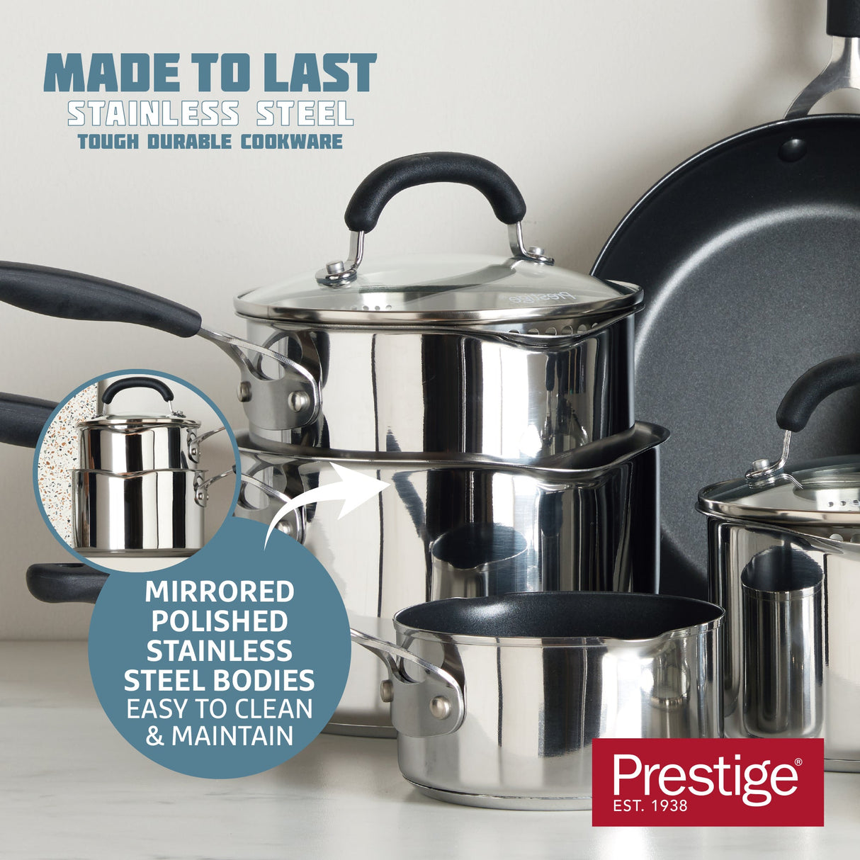 Prestige Made to Last Milk Pan in Stainless Steel - Non Stick - 14 cm / 0.9 L