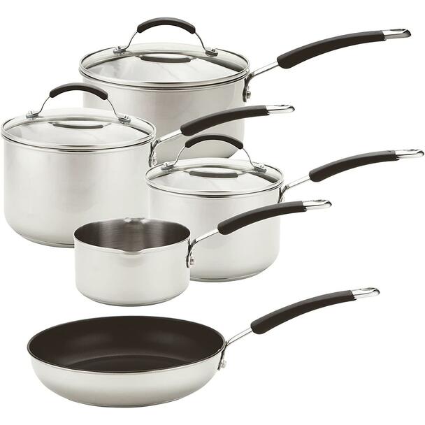 Meyer stainless steel cookware set with glass lids on a white background